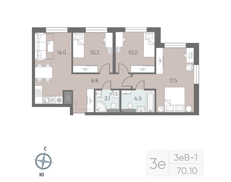 4-комнатная (Евро) квартира, 70.1 м² в ЖК "Большая Охта" - планировка, фото №1