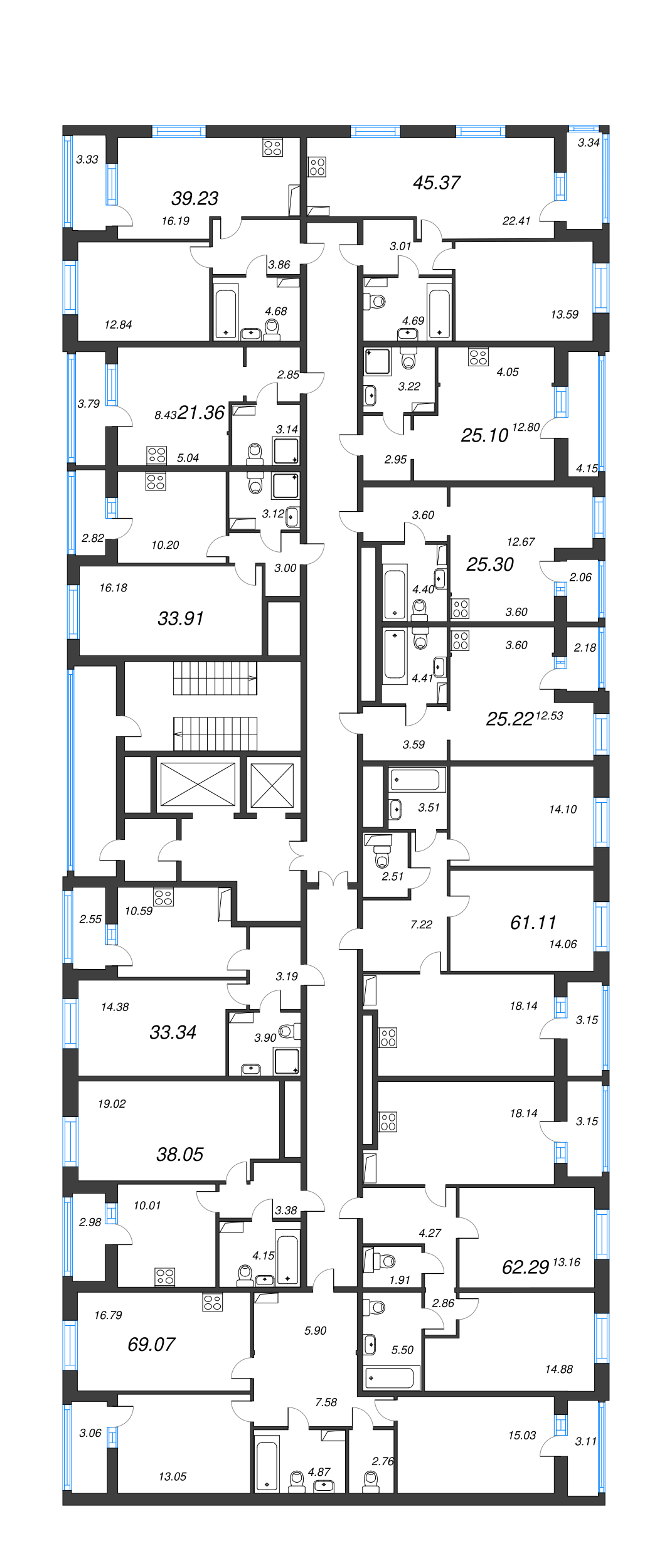 2-комнатная (Евро) квартира, 45.37 м² - планировка этажа