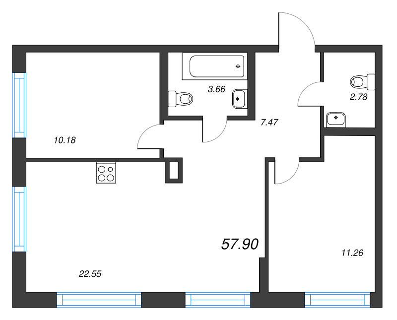 3-комнатная (Евро) квартира, 57.9 м² в ЖК "ID Murino III" - планировка, фото №1