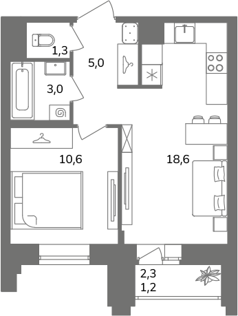 2-комнатная (Евро) квартира, 39.7 м² в ЖК "Антверпен" - планировка, фото №1