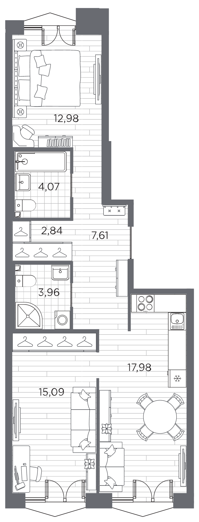 3-комнатная (Евро) квартира, 64.53 м² в ЖК "Галерная гавань" - планировка, фото №1