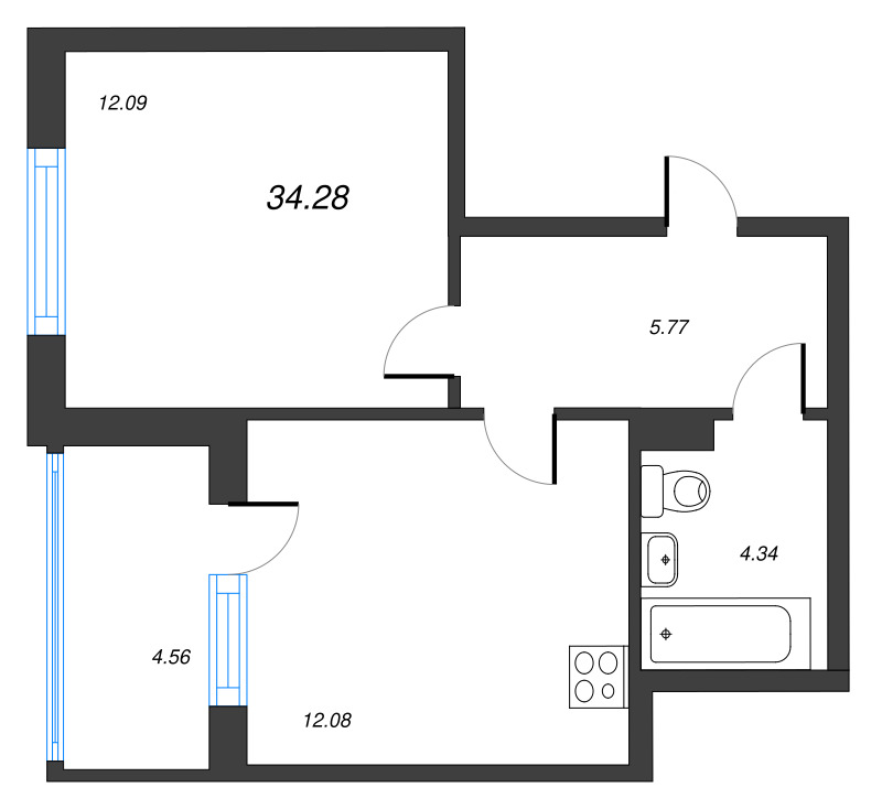 1-комнатная квартира, 34.28 м² в ЖК "ЮгТаун" - планировка, фото №1