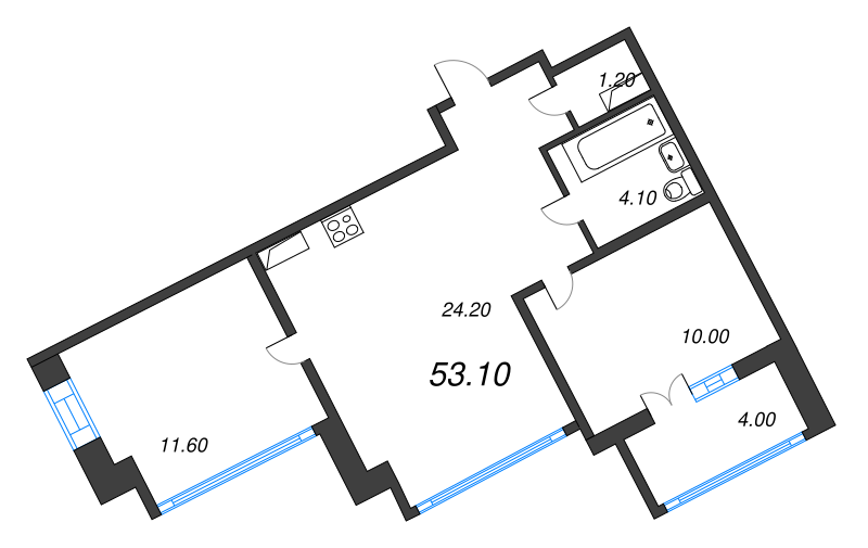 2-комнатная квартира, 53.7 м² - планировка, фото №1