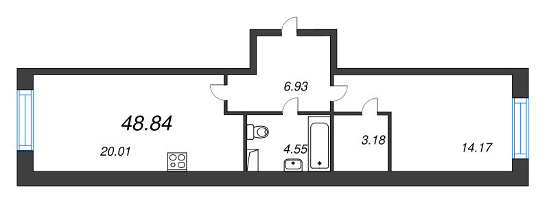 2-комнатная (Евро) квартира, 48.84 м² в ЖК "Остров Первых" - планировка, фото №1