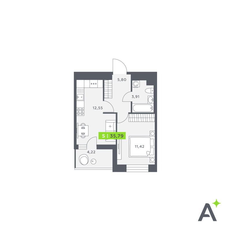 1-комнатная квартира, 35.69 м² в ЖК "Аквилон Verba" - планировка, фото №1