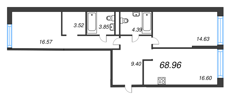 3-комнатная (Евро) квартира, 68.96 м² в ЖК "Avant" - планировка, фото №1