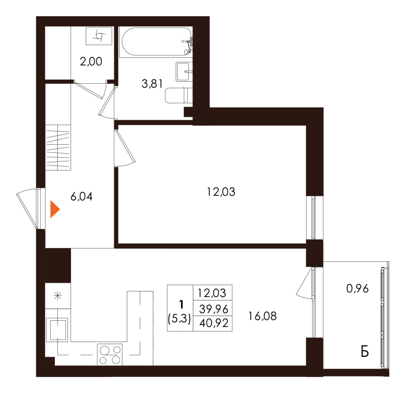 2-комнатная (Евро) квартира, 40.92 м² - планировка, фото №1