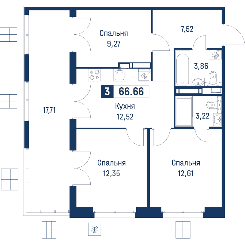 3-комнатная квартира, 66.66 м² в ЖК "Символист" - планировка, фото №1