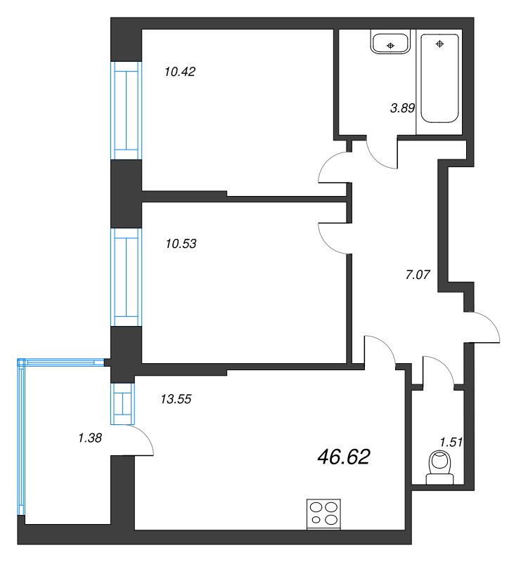 2-комнатная квартира, 48.35 м² - планировка, фото №1