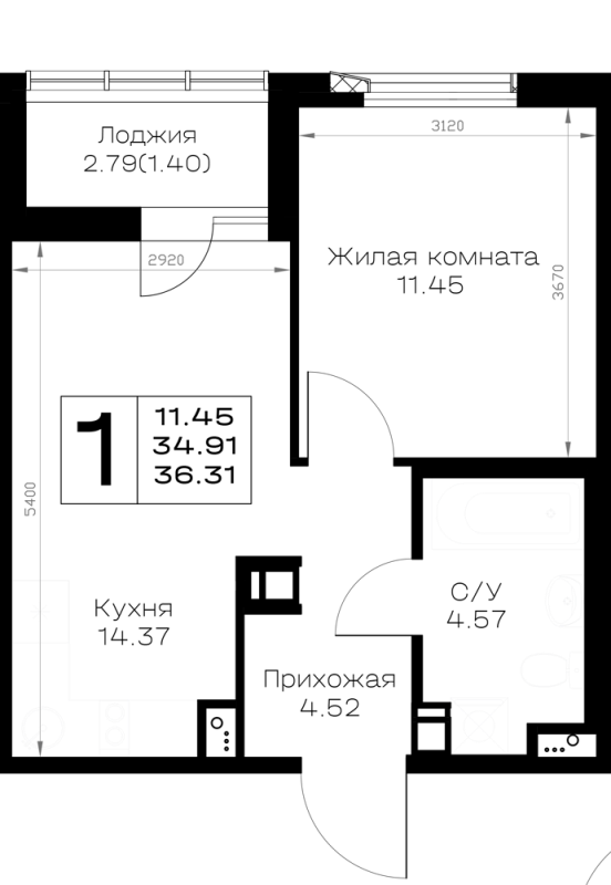 1-комнатная квартира, 36.31 м² в ЖК "Борский" - планировка, фото №1
