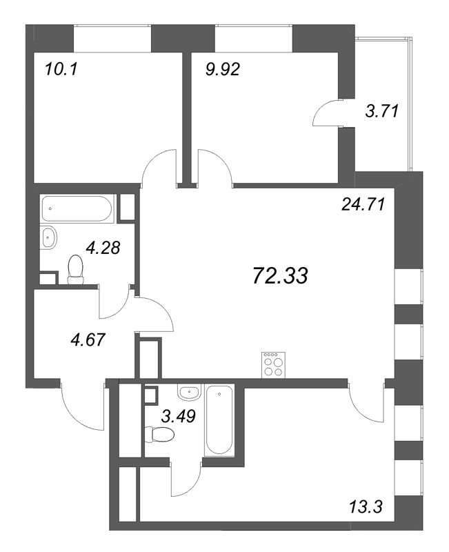4-комнатная (Евро) квартира, 72.33 м² в ЖК "Аквилон Солар" - планировка, фото №1