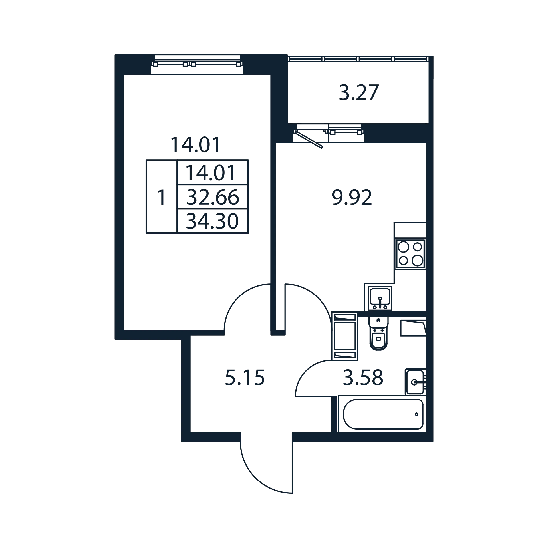 1-комнатная квартира, 32.66 м² в ЖК "Полис ЛАВрики" - планировка, фото №1