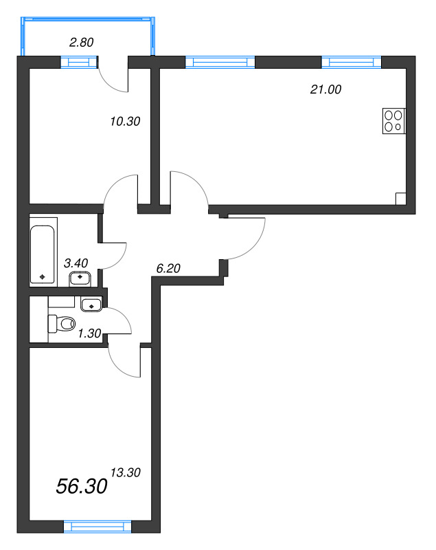 2-комнатная (Евро) квартира, 56.3 м² - планировка, фото №1