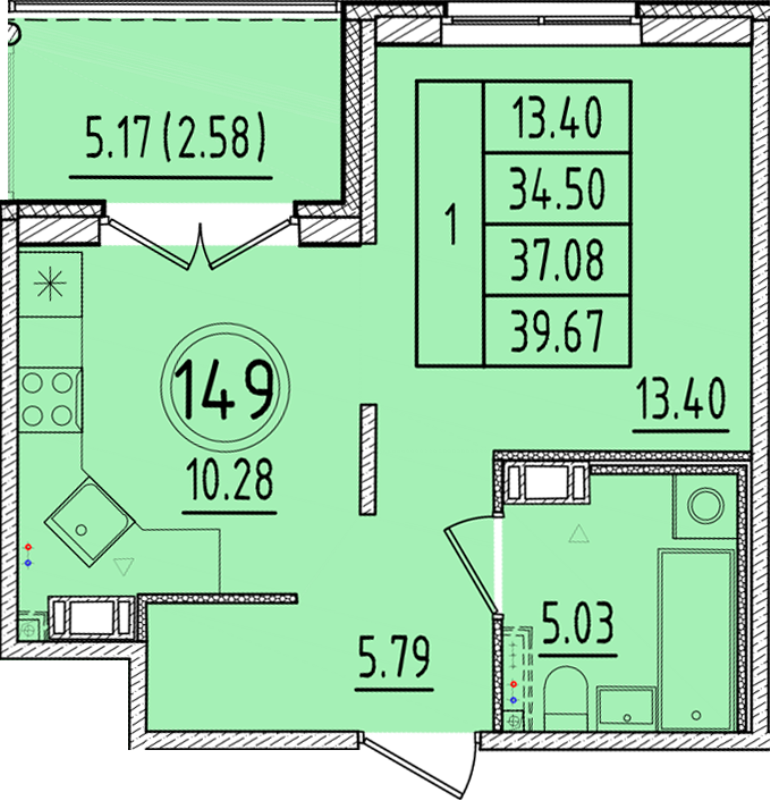 1-комнатная квартира, 34.5 м² в ЖК "Образцовый квартал 17" - планировка, фото №1