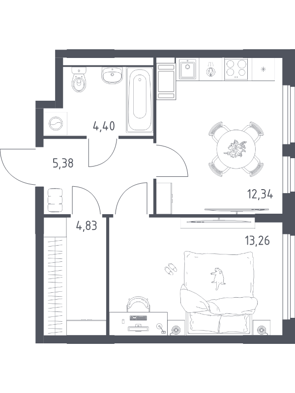 1-комнатная квартира, 40.56 м² в ЖК "Новое Колпино" - планировка, фото №1