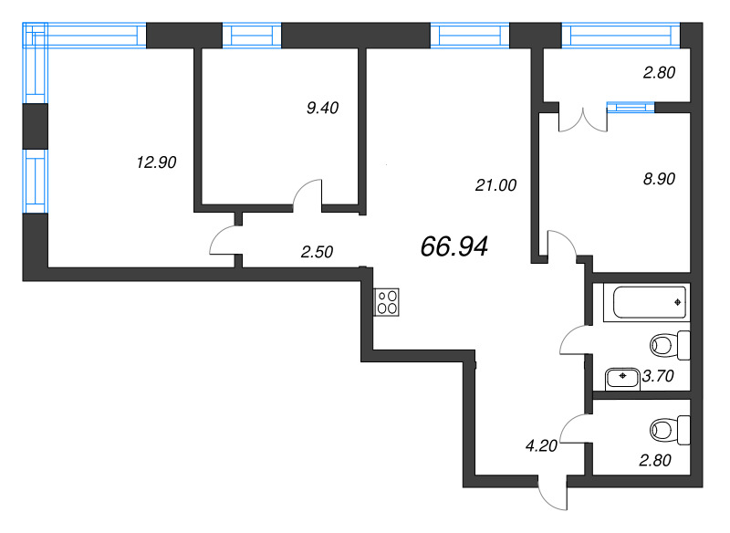 4-комнатная (Евро) квартира, 66.95 м² - планировка, фото №1