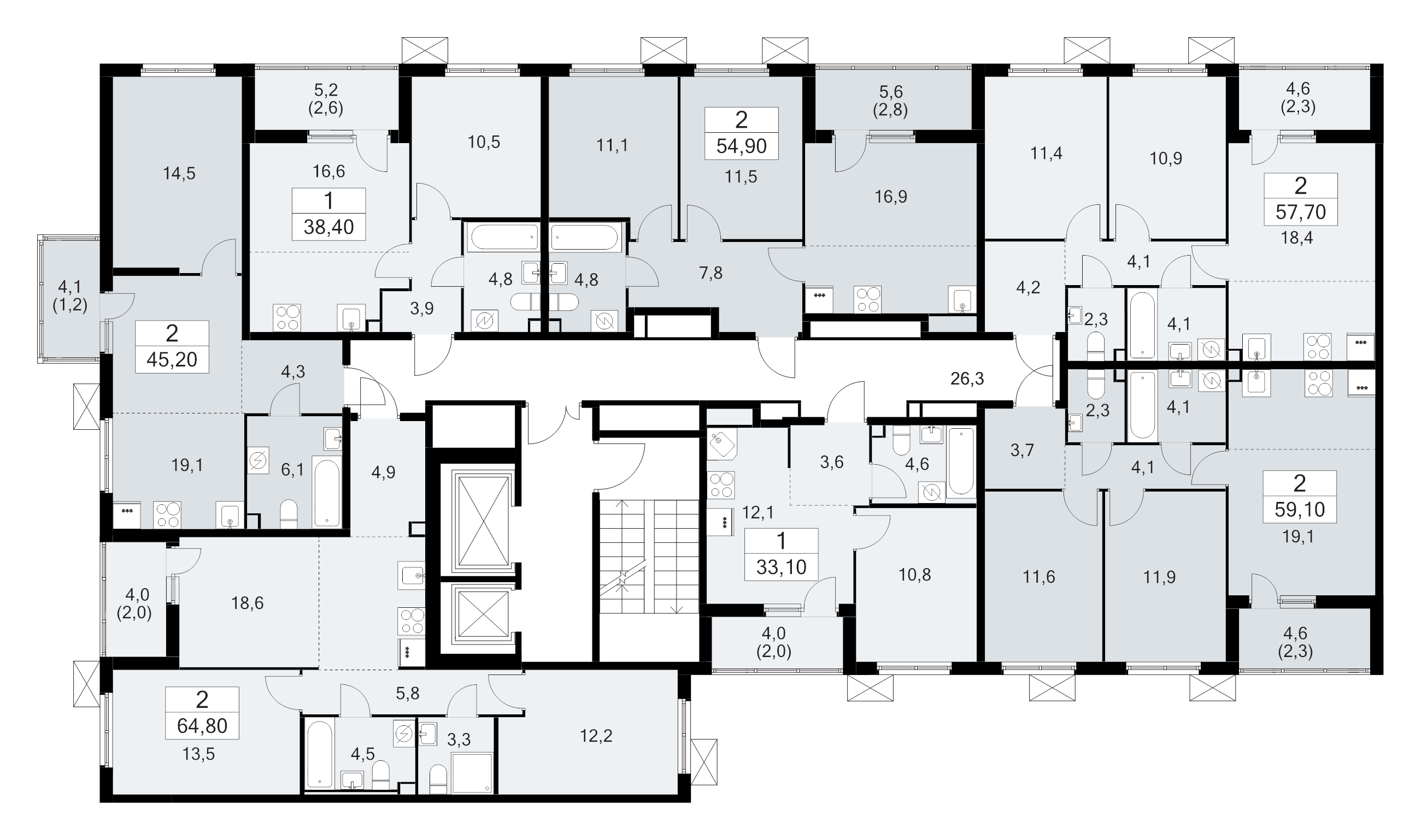 3-комнатная (Евро) квартира, 54.9 м² - планировка этажа