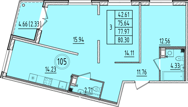 3-комнатная квартира, 75.64 м² в ЖК "Образцовый квартал 6.4" - планировка, фото №1