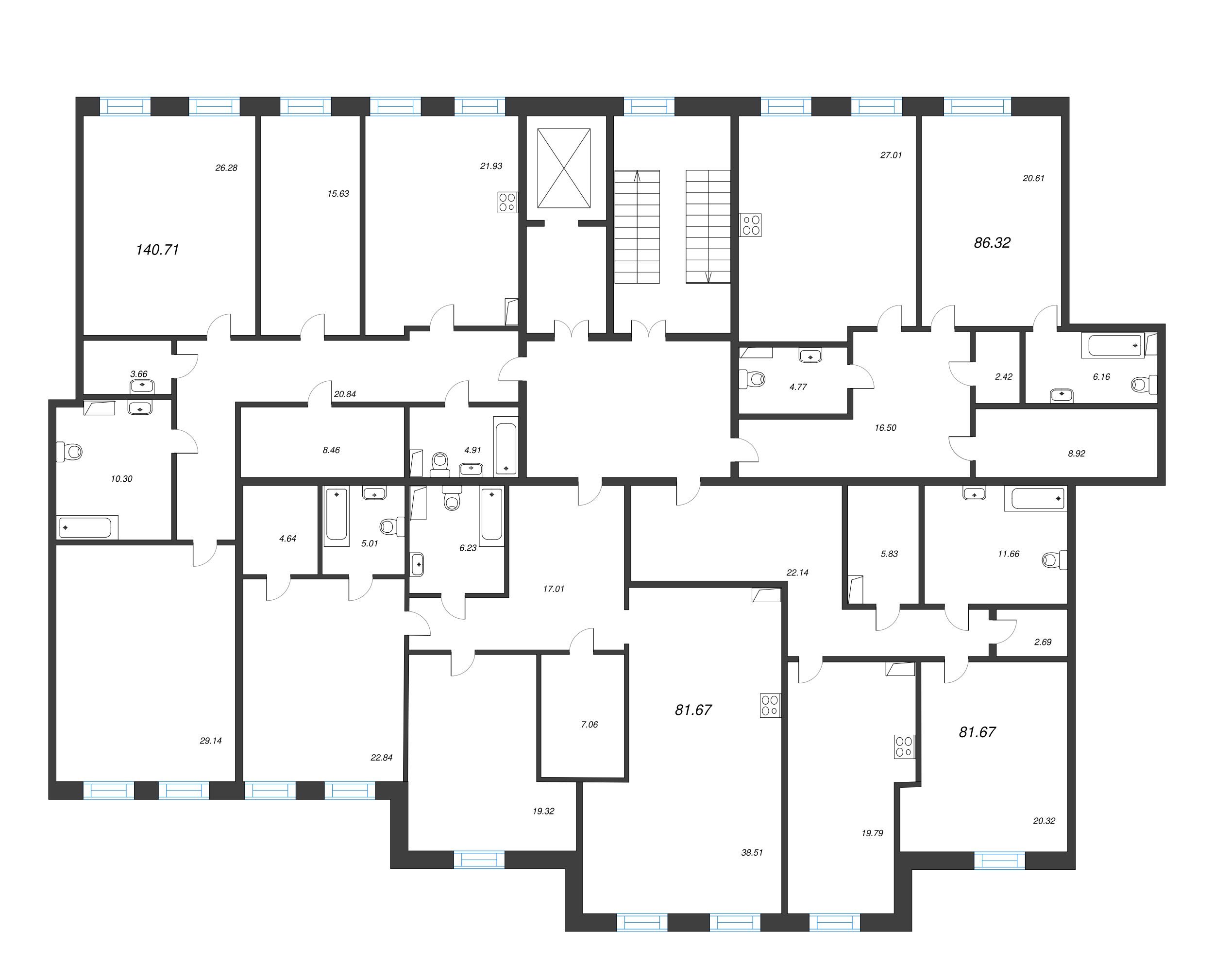 4-комнатная (Евро) квартира, 141.1 м² - планировка этажа