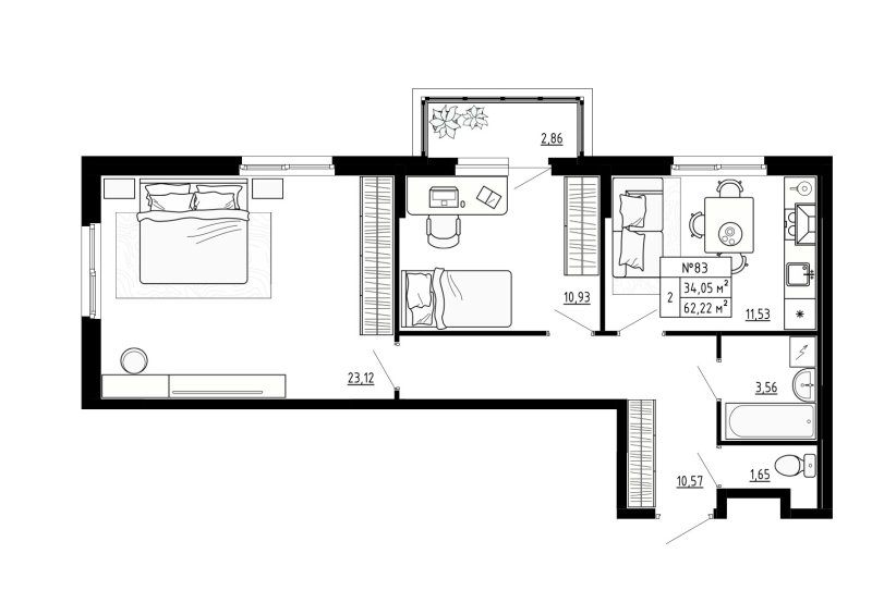 2-комнатная квартира, 62.22 м² - планировка, фото №1