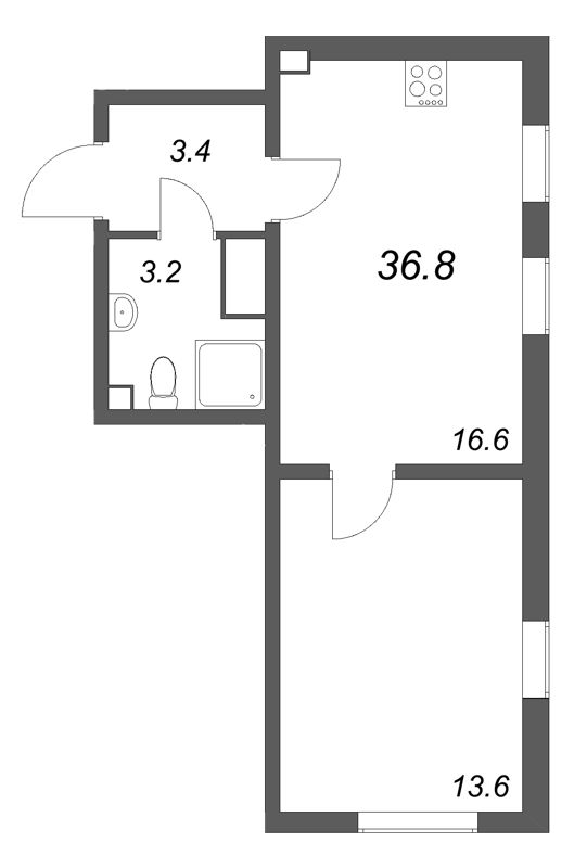 2-комнатная (Евро) квартира, 36.8 м² в ЖК "Октябрьская набережная" - планировка, фото №1