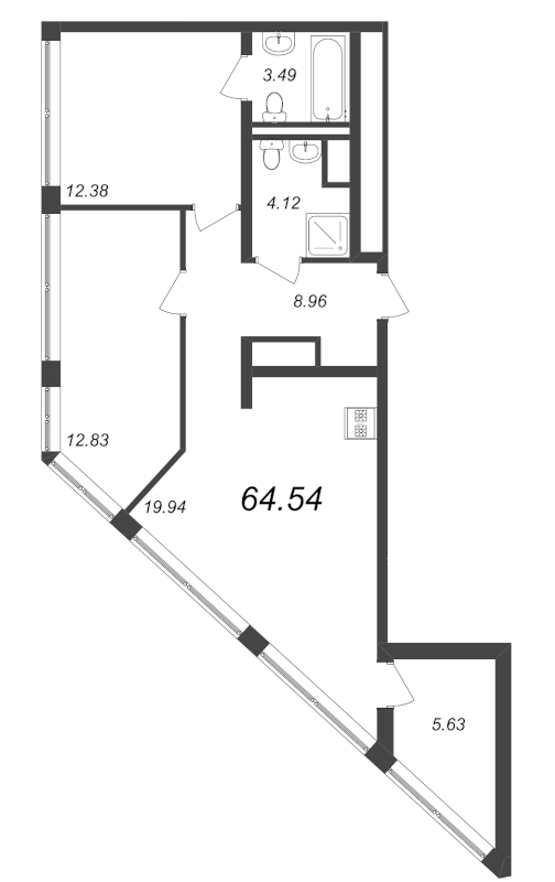 3-комнатная (Евро) квартира, 64.54 м² - планировка, фото №1