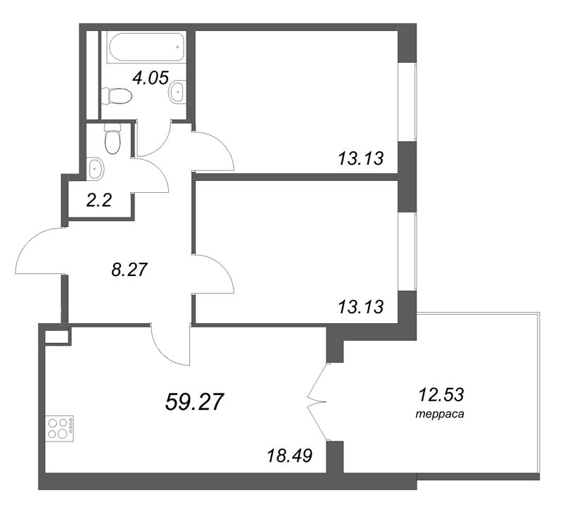 3-комнатная (Евро) квартира, 59.27 м² в ЖК "Дубровский" - планировка, фото №1