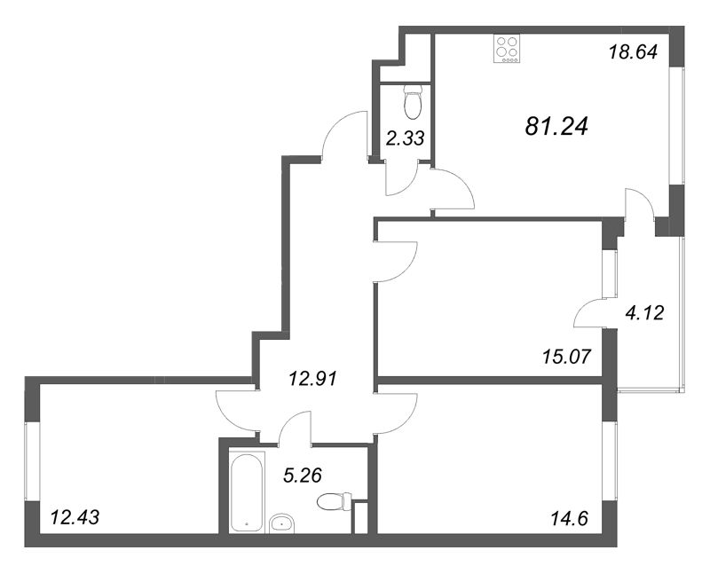 4-комнатная (Евро) квартира, 81.24 м² в ЖК "Ясно.Янино" - планировка, фото №1