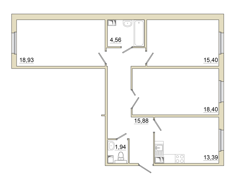 3-комнатная квартира, 88.9 м² в ЖК "Granholm Village" - планировка, фото №1