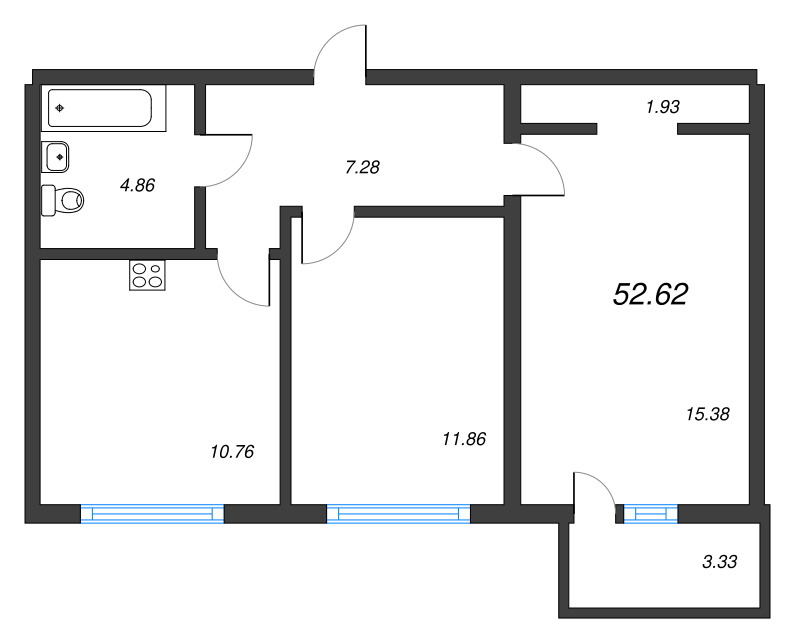 2-комнатная квартира, 52.62 м² - планировка, фото №1