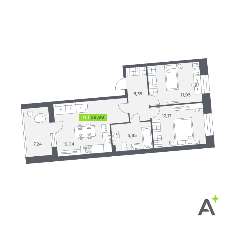 3-комнатная (Евро) квартира, 58.98 м² в ЖК "Аквилон РекаПарк" - планировка, фото №1