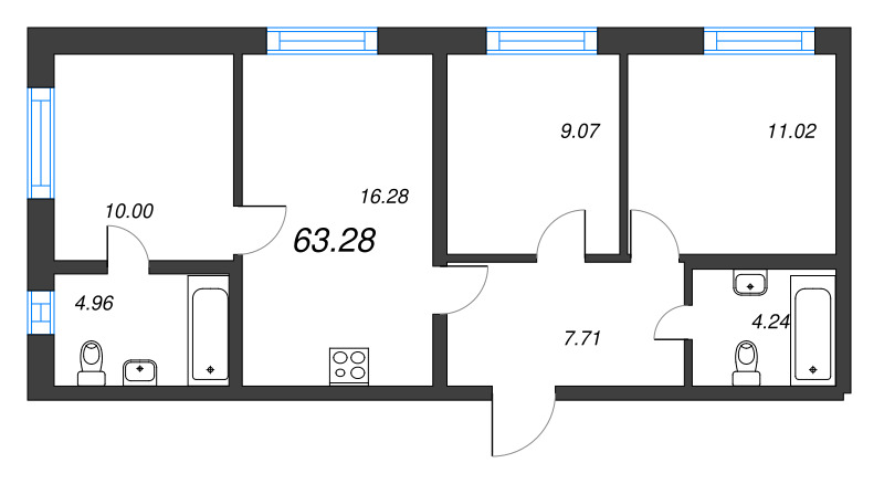 4-комнатная (Евро) квартира, 63.28 м² - планировка, фото №1