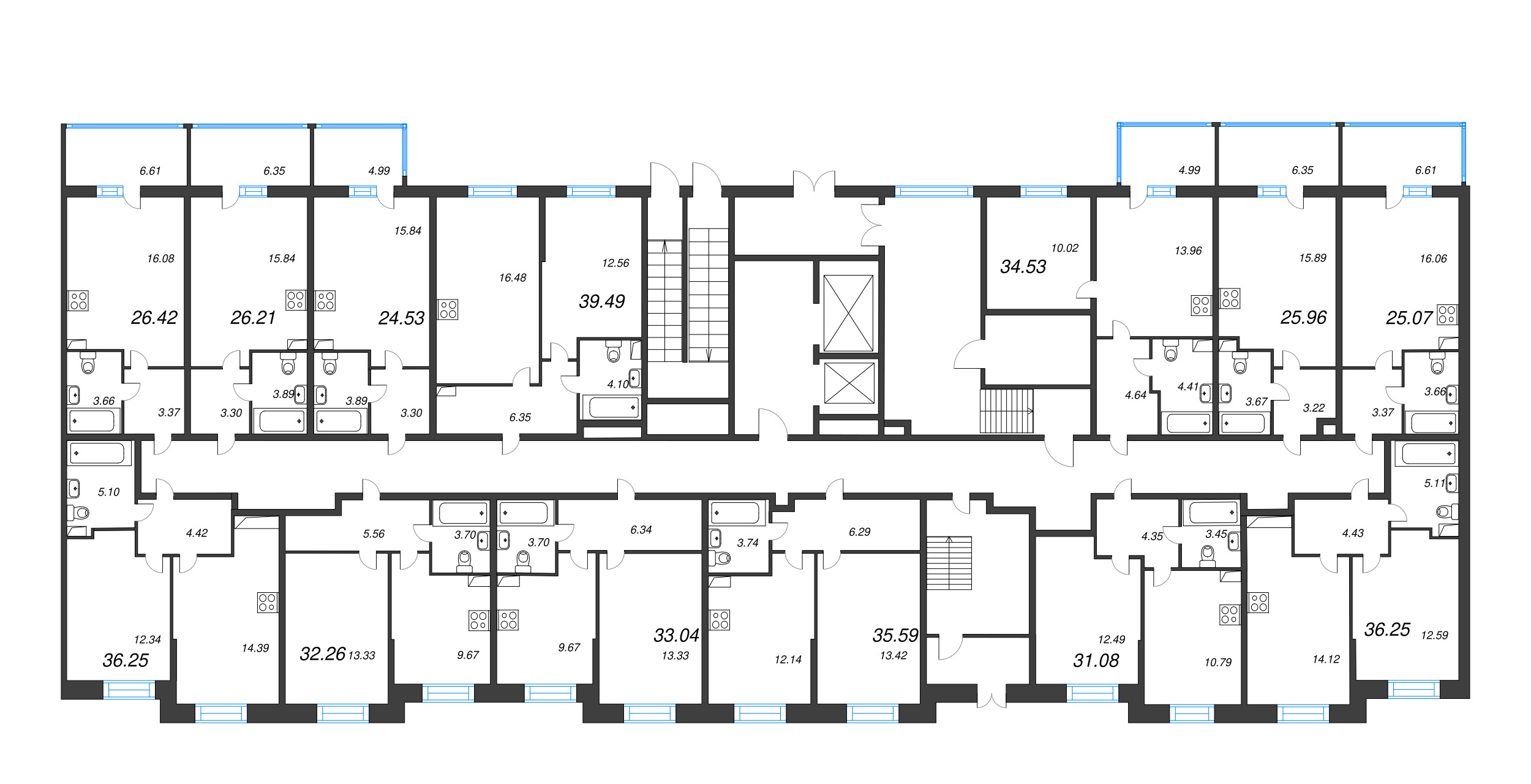 2-комнатная (Евро) квартира, 39.49 м² - планировка этажа
