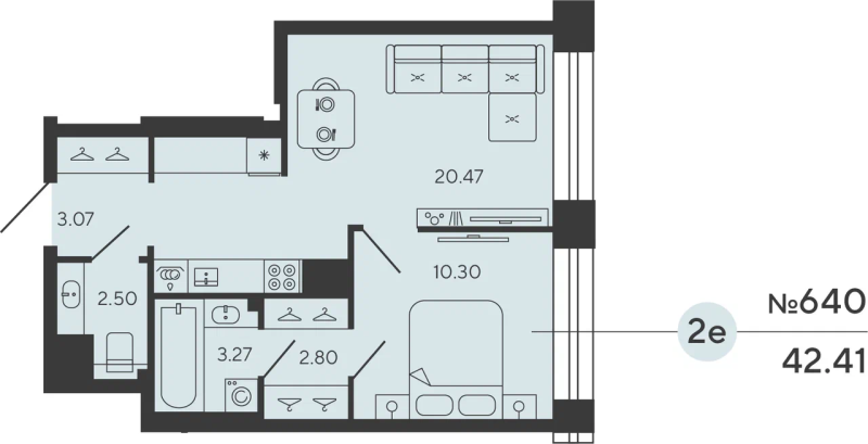 2-комнатная (Евро) квартира, 42.41 м² в ЖК "Bashni Element" - планировка, фото №1