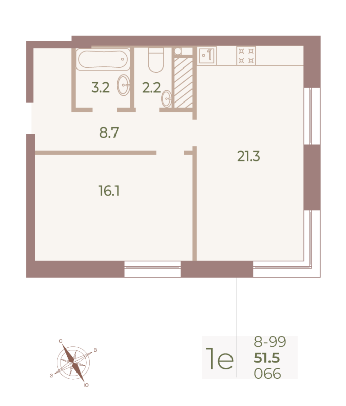 2-комнатная (Евро) квартира, 51.6 м² - планировка, фото №1