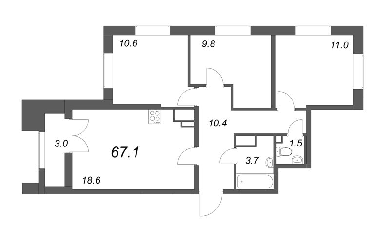 4-комнатная (Евро) квартира, 67.1 м² - планировка, фото №1