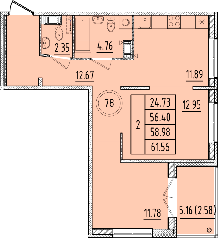 2-комнатная квартира, 56.4 м² - планировка, фото №1