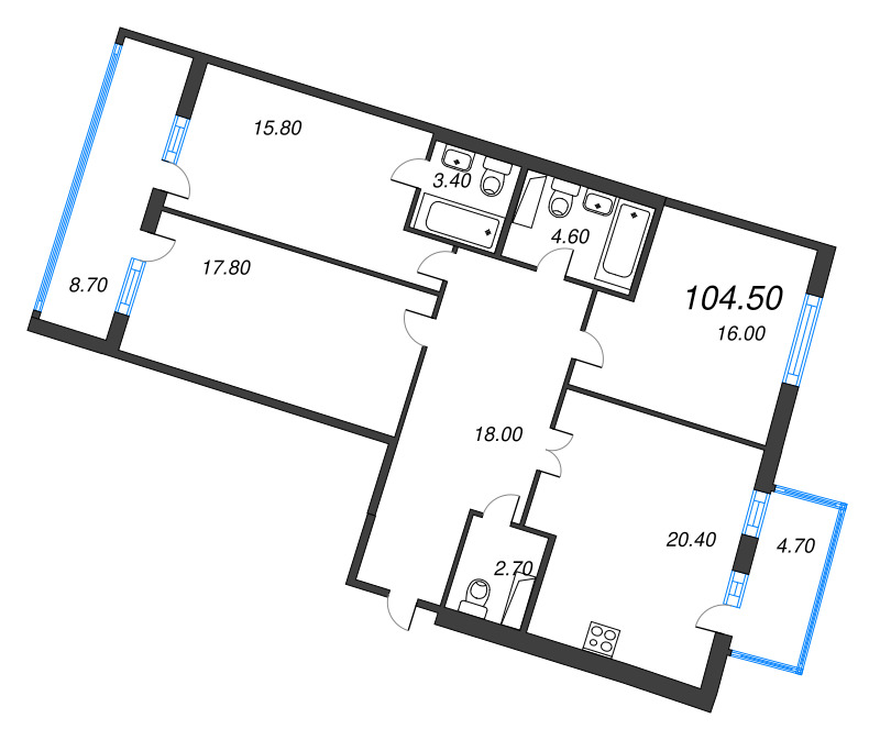 3-комнатная квартира, 104.5 м² - планировка, фото №1