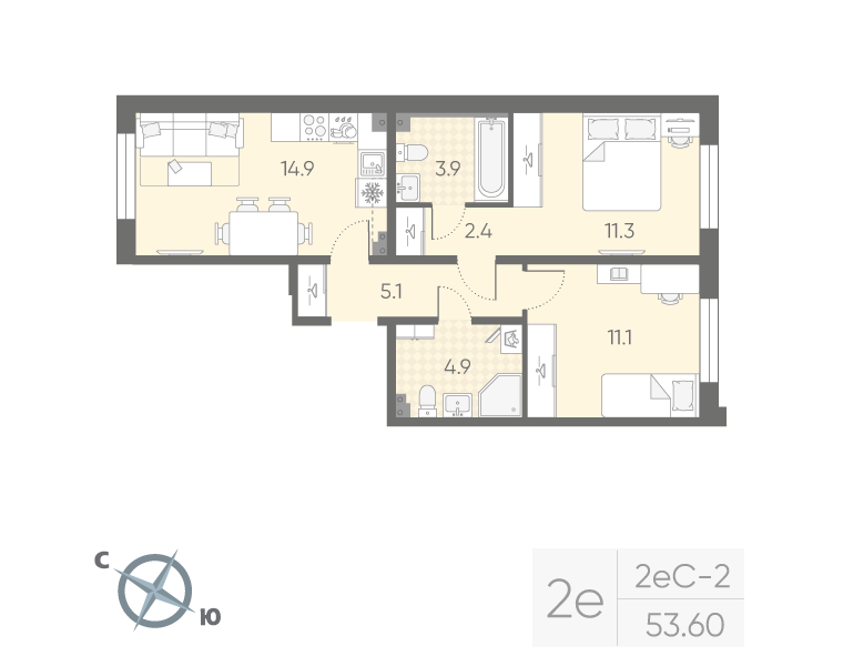 2-комнатная квартира, 53.6 м² в ЖК "Пулково Lake" - планировка, фото №1