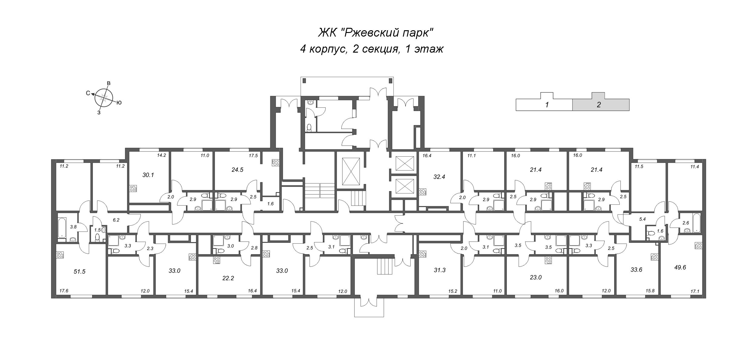 2-комнатная (Евро) квартира, 31.3 м² в ЖК "ЛСР. Ржевский парк" - планировка этажа