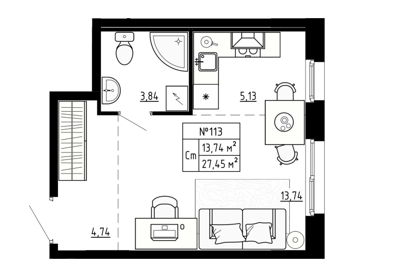 Квартира-студия, 27.9 м² - планировка, фото №1