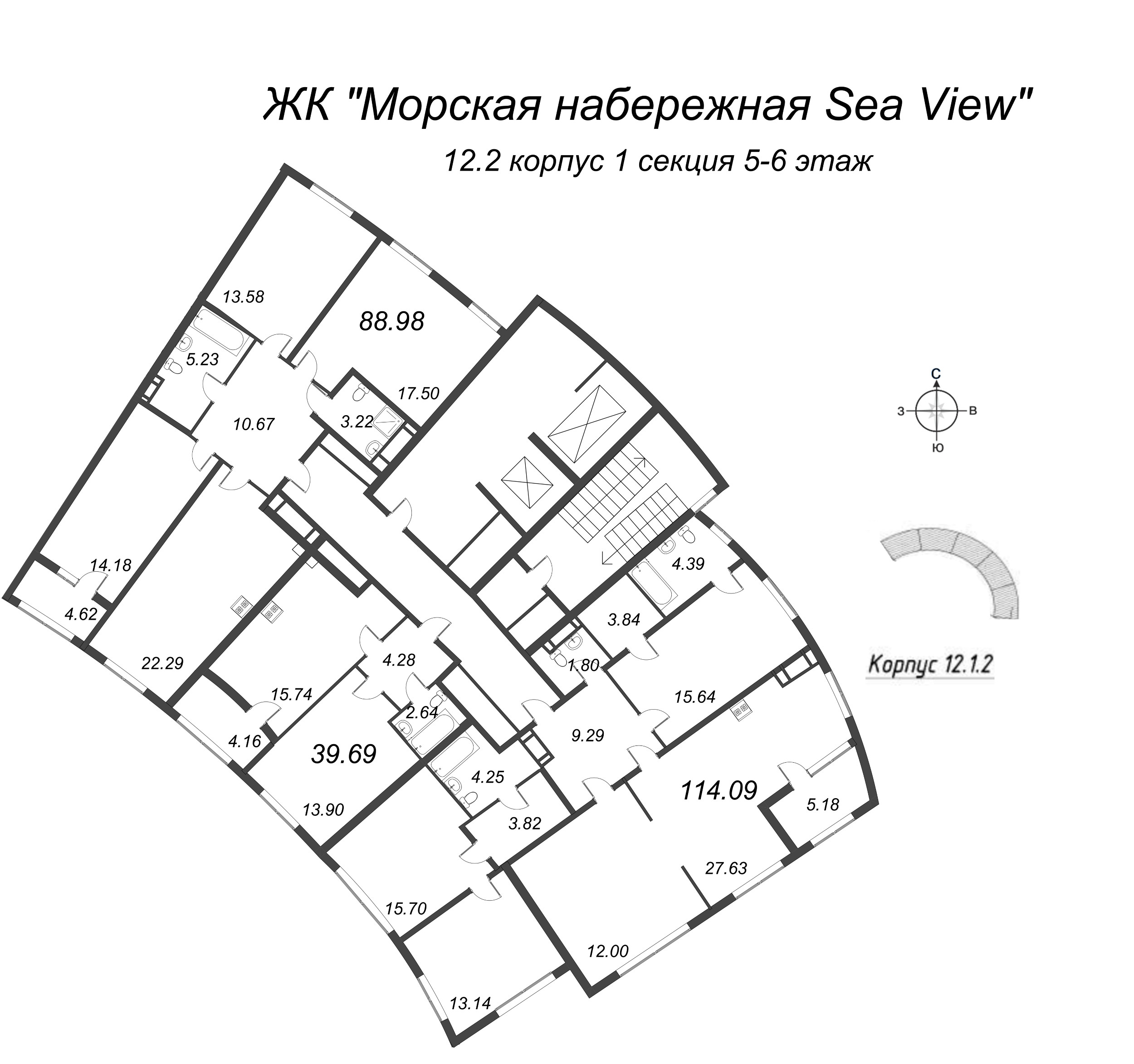 4-комнатная (Евро) квартира, 88.98 м² в ЖК "Морская набережная. SeaView" - планировка этажа