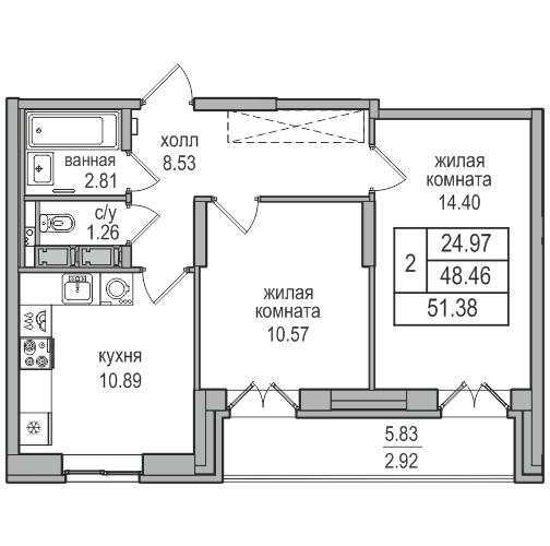 2-комнатная квартира, 50.2 м² в ЖК "Северная Долина" - планировка, фото №1