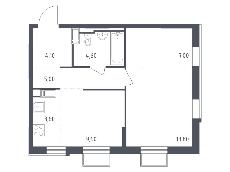 1-комнатная квартира, 47.7 м² - планировка, фото №1