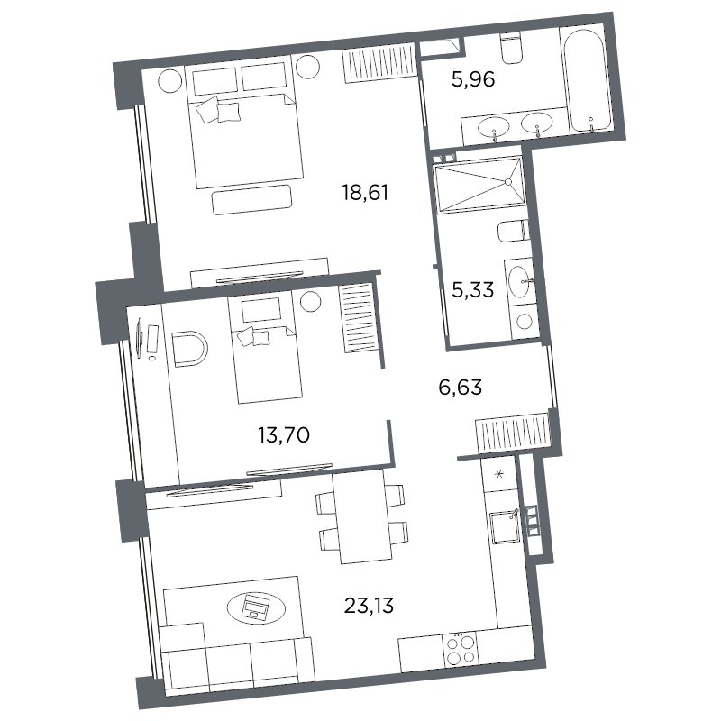 3-комнатная (Евро) квартира, 73.36 м² в ЖК "Акватория" - планировка, фото №1