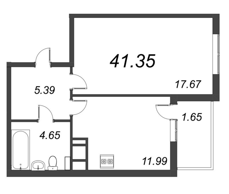 1-комнатная квартира, 42.2 м² - планировка, фото №1