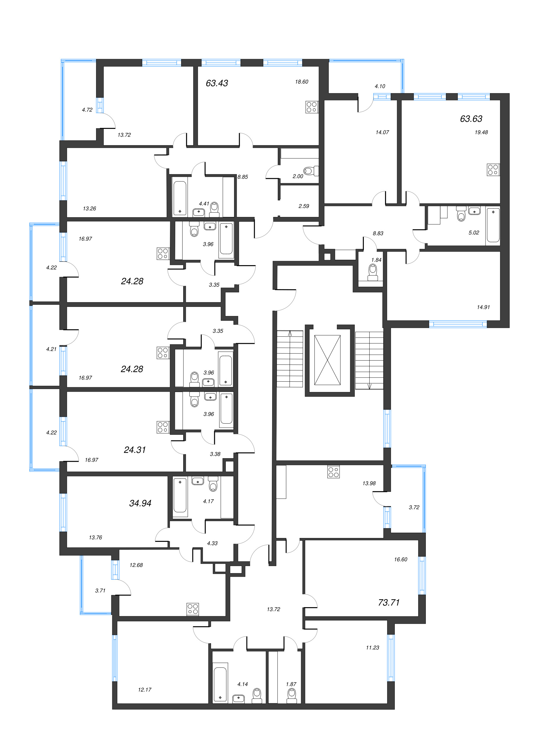 4-комнатная (Евро) квартира, 73.71 м² - планировка этажа