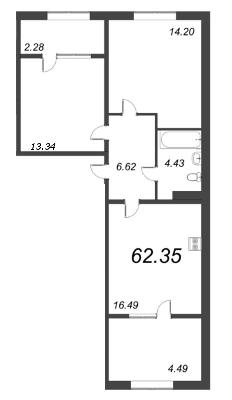 2-комнатная квартира, 64.28 м² в ЖК "Pixel" - планировка, фото №1