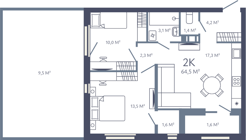 3-комнатная (Евро) квартира, 64.5 м² в ЖК "Лендлер" - планировка, фото №1