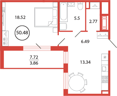 1-комнатная квартира, 50.48 м² в ЖК "Энфилд" - планировка, фото №1